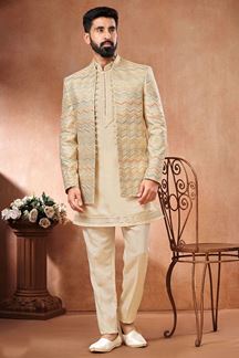 Picture of Artistic Cream Designer Men’s Wear 3 Piece Open Jodhpuri Set for Wedding, Engagement and Reception