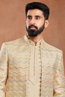 Picture of Artistic Cream Designer Men’s Wear 3 Piece Open Jodhpuri Set for Wedding, Engagement and Reception