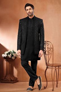 Picture of Delightful Black Designer Menswear 3 Piece Open Jodhpuri Set for Sangeet and Reception
