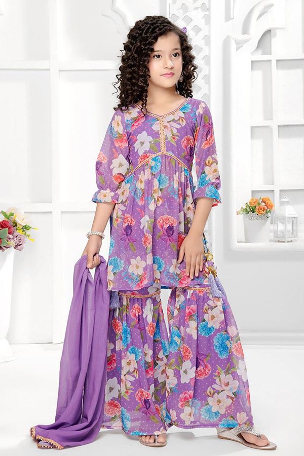 Picture of Charming Lavender Floral Printed Girls Designer Sharara Suit for Wedding and Festival