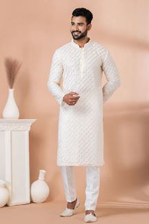 Picture of Attractive White Designer Kurta Pyjama Set for Engagement and Festivals