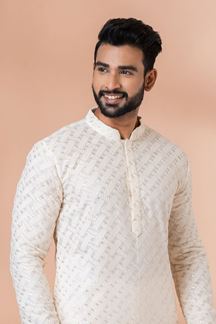 Picture of Attractive White Designer Kurta Pyjama Set for Engagement and Festivals