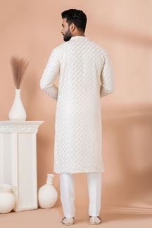 Picture of Attractive White Designer Kurta Pyjama Set for Engagement and Festivals