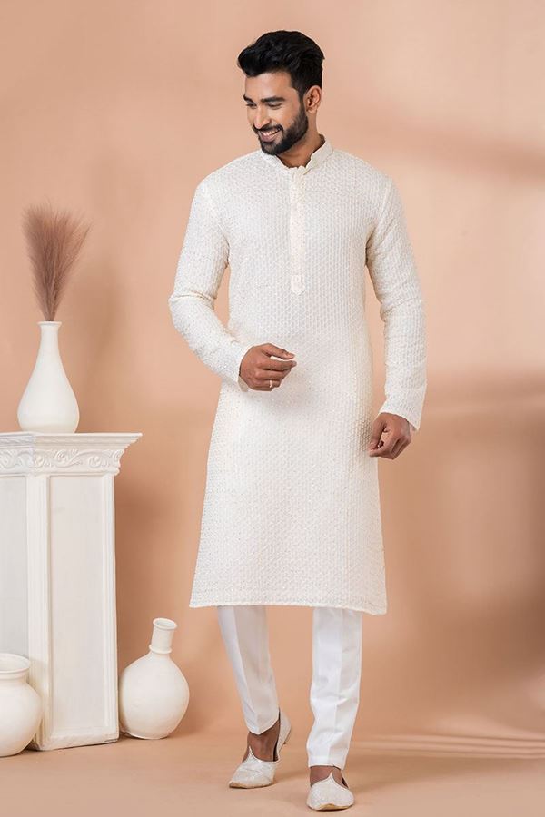 Picture of Dashing White Georgette Designer Kurta Pajama Set for Engagement and Festivals