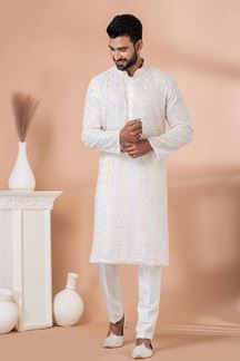 Picture of Elegant White Designer Lucknowi Kurta Pajama Set for Engagement and Festivals
