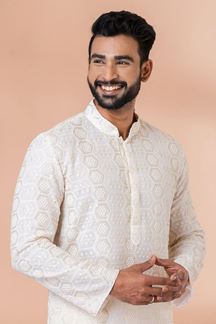 Picture of Elegant White Designer Lucknowi Kurta Pajama Set for Engagement and Festivals