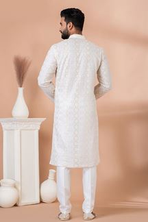 Picture of Elegant White Designer Lucknowi Kurta Pajama Set for Engagement and Festivals