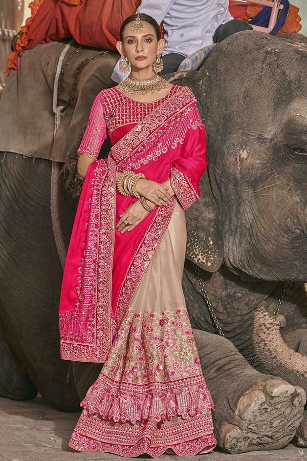 Picture of Magnificent Beige and Pink Designer Saree for Wedding and Engagement