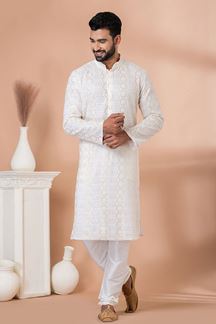 Picture of Fancy White Lucknowi Designer Kurta Pajama Set for Engagement and Festivals