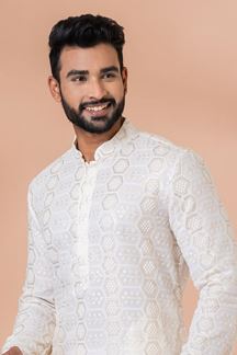 Picture of Fancy White Lucknowi Designer Kurta Pajama Set for Engagement and Festivals