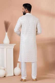 Picture of Fancy White Lucknowi Designer Kurta Pajama Set for Engagement and Festivals