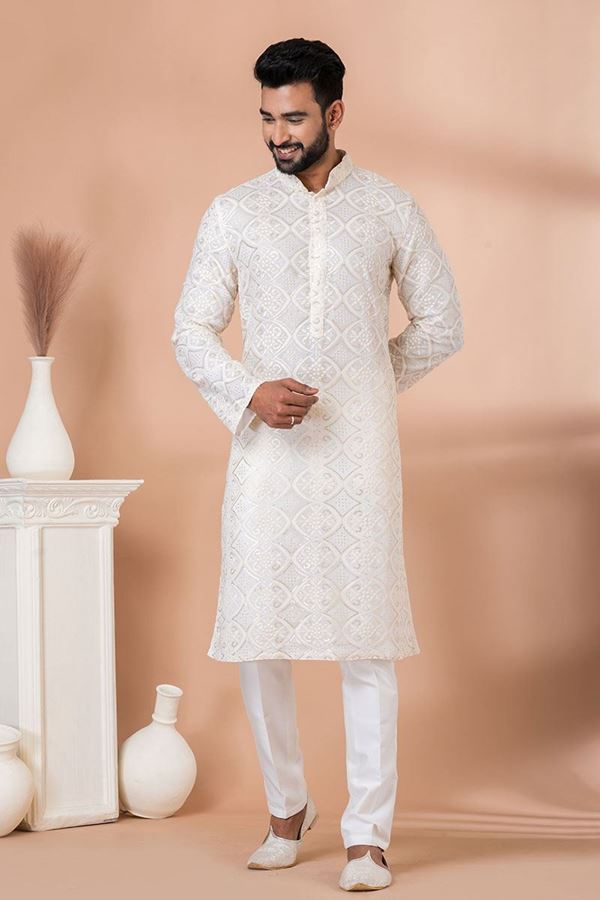 Picture of Magnificent White Designer Kurta Pajama Set for Engagement and Festivals