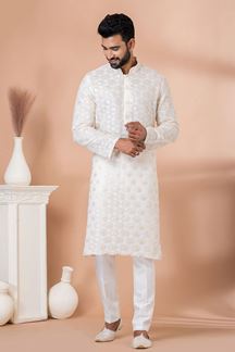 Picture of Fashionable White Designer Kurta Pajama Set for Engagement and Festivals