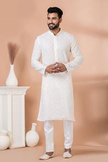 Picture of Appealing White Embroidered Designer Kurta Pajama Set for Engagement and Festivals