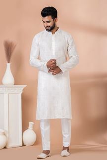 Picture of Exuberant White Lucknowi Designer Kurta Set for Engagement and Festivals