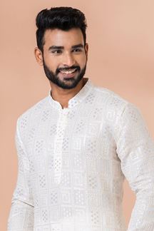 Picture of Exuberant White Lucknowi Designer Kurta Set for Engagement and Festivals