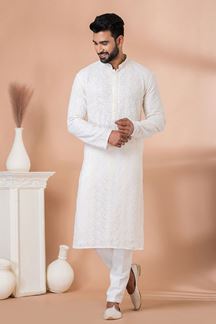 Picture of Exquisite White Self-Embroidered Designer Kurta Pyjama Set for Engagement and Festivals