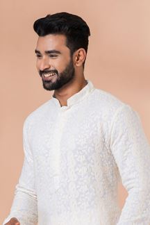 Picture of Exquisite White Self-Embroidered Designer Kurta Pyjama Set for Engagement and Festivals