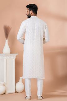 Picture of Exquisite White Self-Embroidered Designer Kurta Pyjama Set for Engagement and Festivals