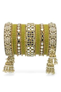 Picture of Charming Green Designer Mirror Style Bangle Set with Jhumki for Brides 