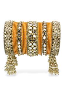Picture of Exquisite Orange Designer Mirror Style Bangle Set with Jhumki for Brides 