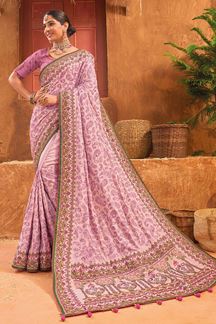 Picture of Glorious Peach Silk Designer Saree for Wedding, Engagement and Reception