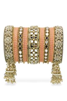 Picture of Attractive Peach Designer Mirror Style Bangle Set with Jhumki for Brides
