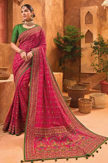 Picture of Pretty Pink Kachhi Work Silk Designer Saree for Wedding, Engagement and Reception