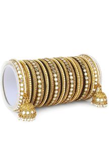 Picture of Fascinating Black Designer Mirror Style Bangle Set with Jhumki for Brides 