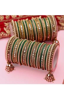Picture of Marvelous Green Designer Mirror Style Bangle Set with Jhumki for Brides 
