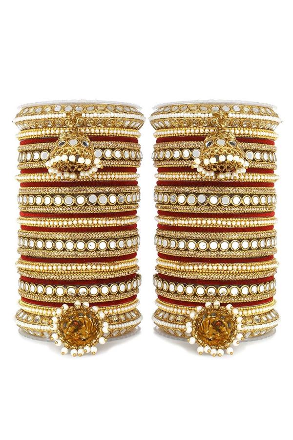 Picture of Outstanding Maroon Designer Mirror Style Bangle Set with Jhumki for Brides 