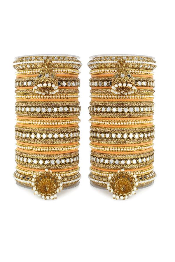 Picture of Spectacular Peach Designer Mirror Style Bangle Set with Jhumki for Brides 