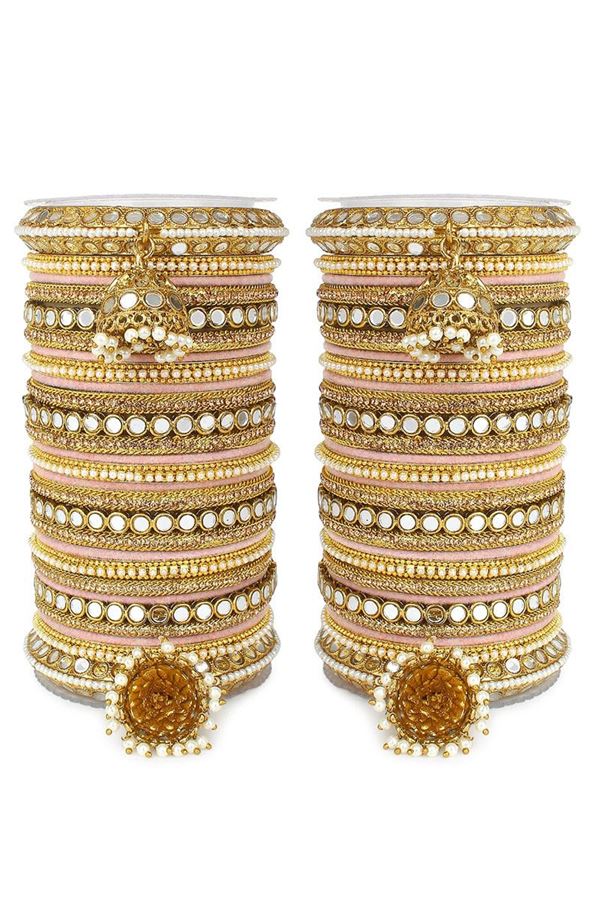 Picture of Smashing Pink Designer Mirror Style Bangle Set with Jhumki for Brides 