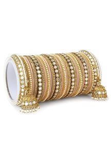 Picture of Smashing Pink Designer Mirror Style Bangle Set with Jhumki for Brides 