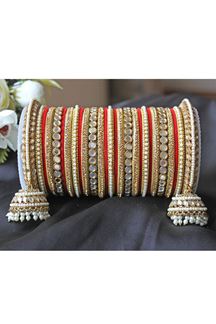 Picture of Captivating Red Designer Mirror Style Bangle Set with Jhumki for Brides 