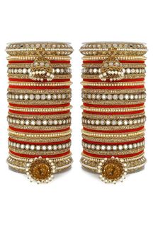 Picture of Captivating Red Designer Mirror Style Bangle Set with Jhumki for Brides 