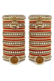 Picture of Captivating Red Designer Mirror Style Bangle Set with Jhumki for Brides 