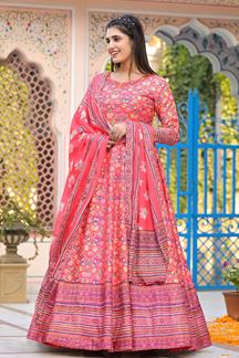 Picture of Impressive Red and Orange Floral Printed Designer Anarkali Suits for Haldi and Festival