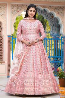 Picture of Astounding Off White and Light Pink Printed Designer Anarkali Suits for Party and Festival