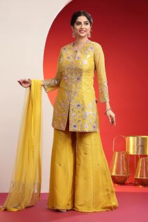 Picture of Smashing Yellow Designer Indo-Western Palazzo Suit for Haldi and Engagement