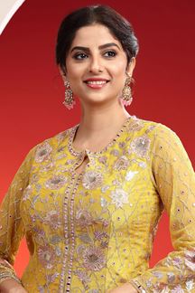 Picture of Smashing Yellow Designer Indo-Western Palazzo Suit for Haldi and Engagement