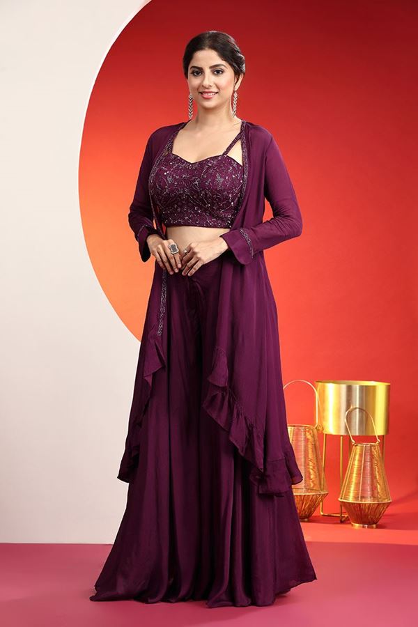 Picture of Stylish Wine Designer Indo-Western Suit with Cape for Engagement and Sangeet
