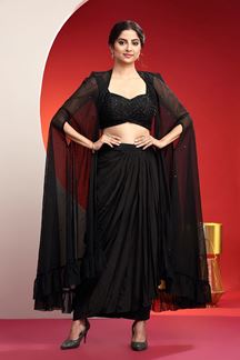 Picture of Awesome Black Designer Indo-Western Suit with Cape for Party and Sangeet