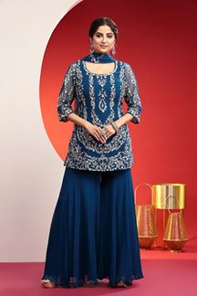 Picture of Dashing Blue Designer Indo-Western Palazzo Suit for Engagement and Reception