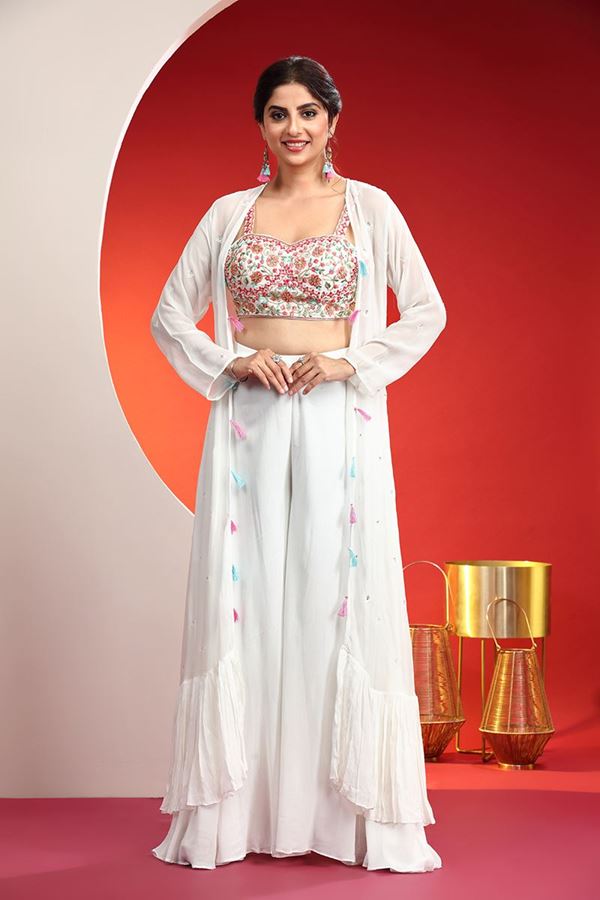 Picture of Flamboyant White Designer Indo-Western Salwar Suit for Haldi and Engagement