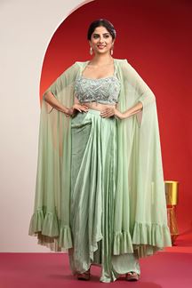 Picture of Vibrant Pista Green Designer Indo-Western Suit with Cape for Mehendi and Engagement