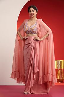 Picture of Fashionable Peach Designer Indo-Western Suit with Cape for Engagement and Reception