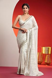 Picture of Impressive White Lucknowi Designer Saree for Engagement and Reception