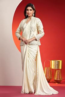 Picture of Glorious Cream Designer Indo-Western Saree with Jacket for Engagement and Reception