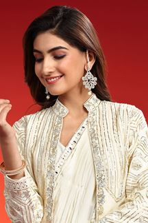 Picture of Glorious Cream Designer Indo-Western Saree with Jacket for Engagement and Reception